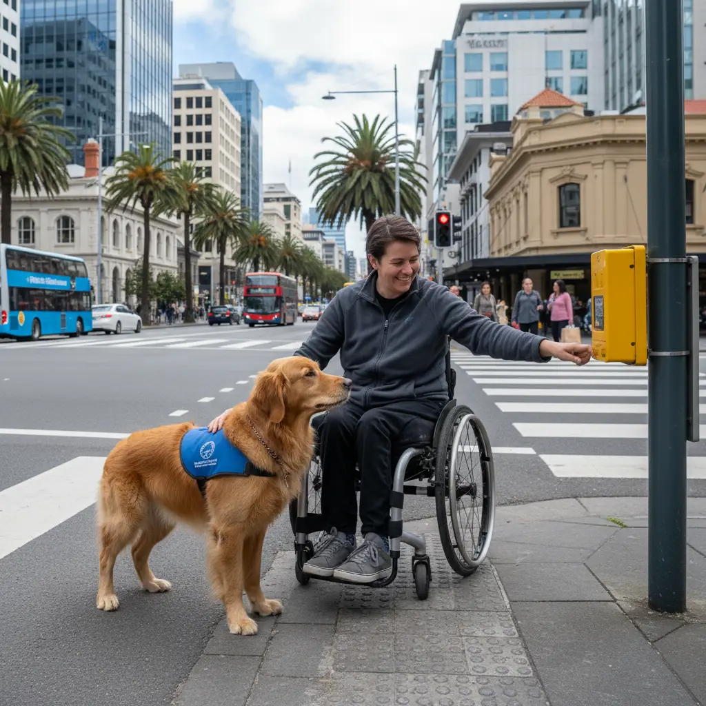 Assistance dog helping handler with mobility tasks