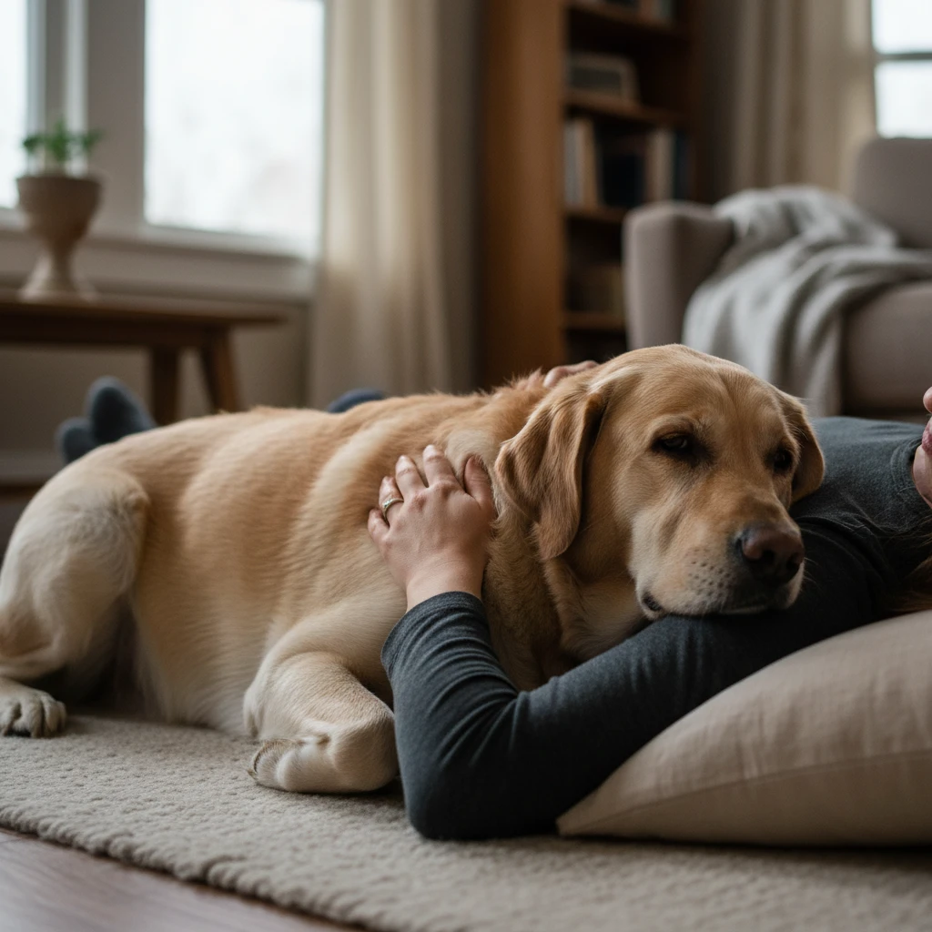 Psychiatric Service Dog performing deep pressure therapy task