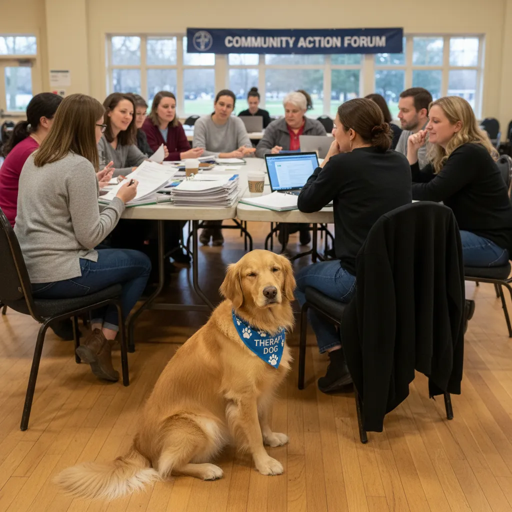 Community advocacy group discussing animal rights and mental health support