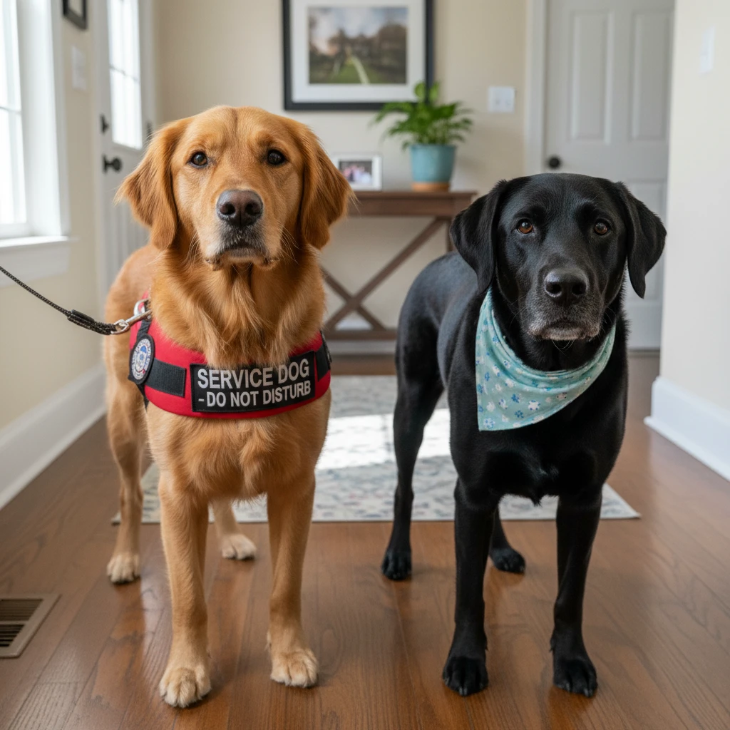 Comparison of a certified Disability Assist Dog and an emotional support dog in a hallway