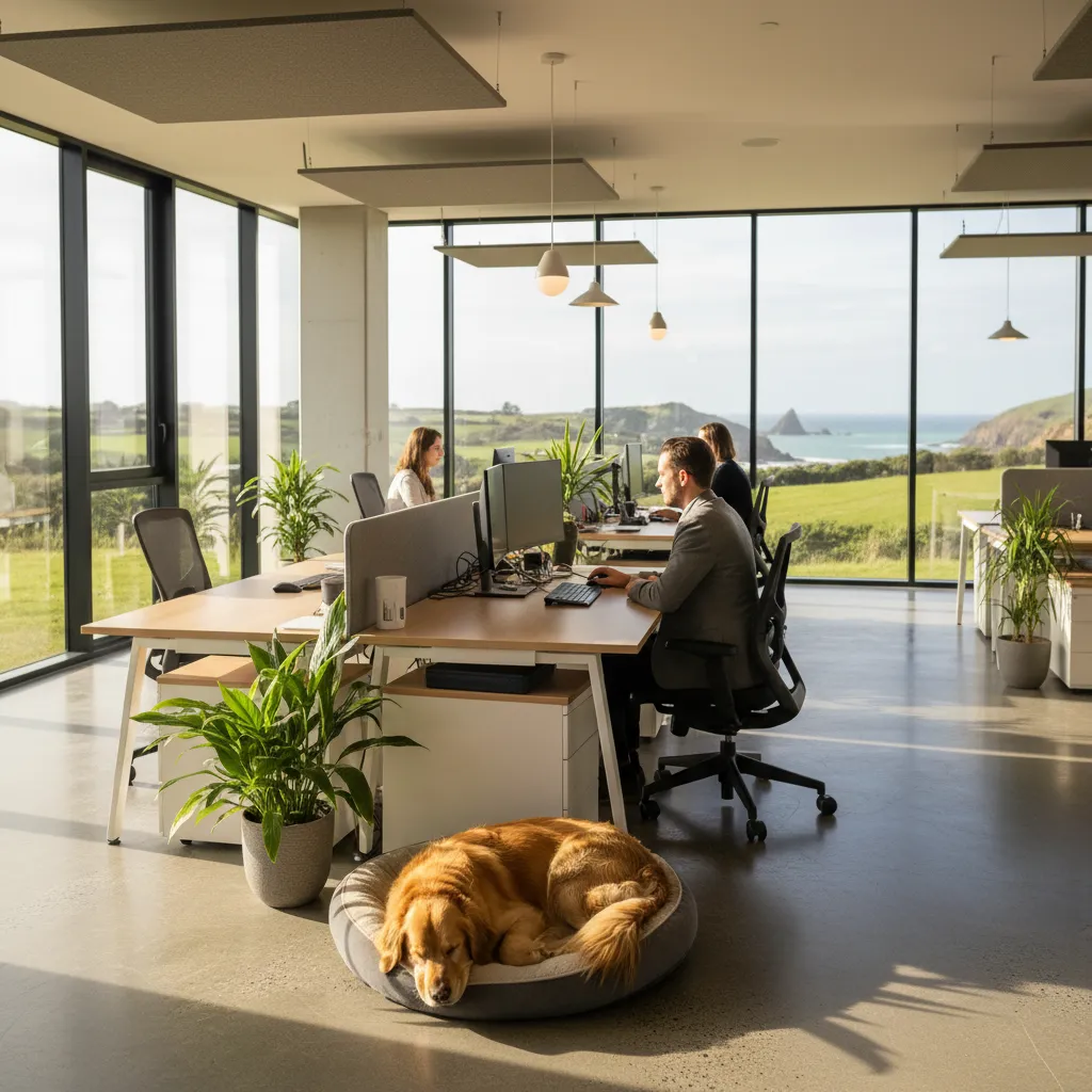Calm therapy dog in a modern NZ office setting