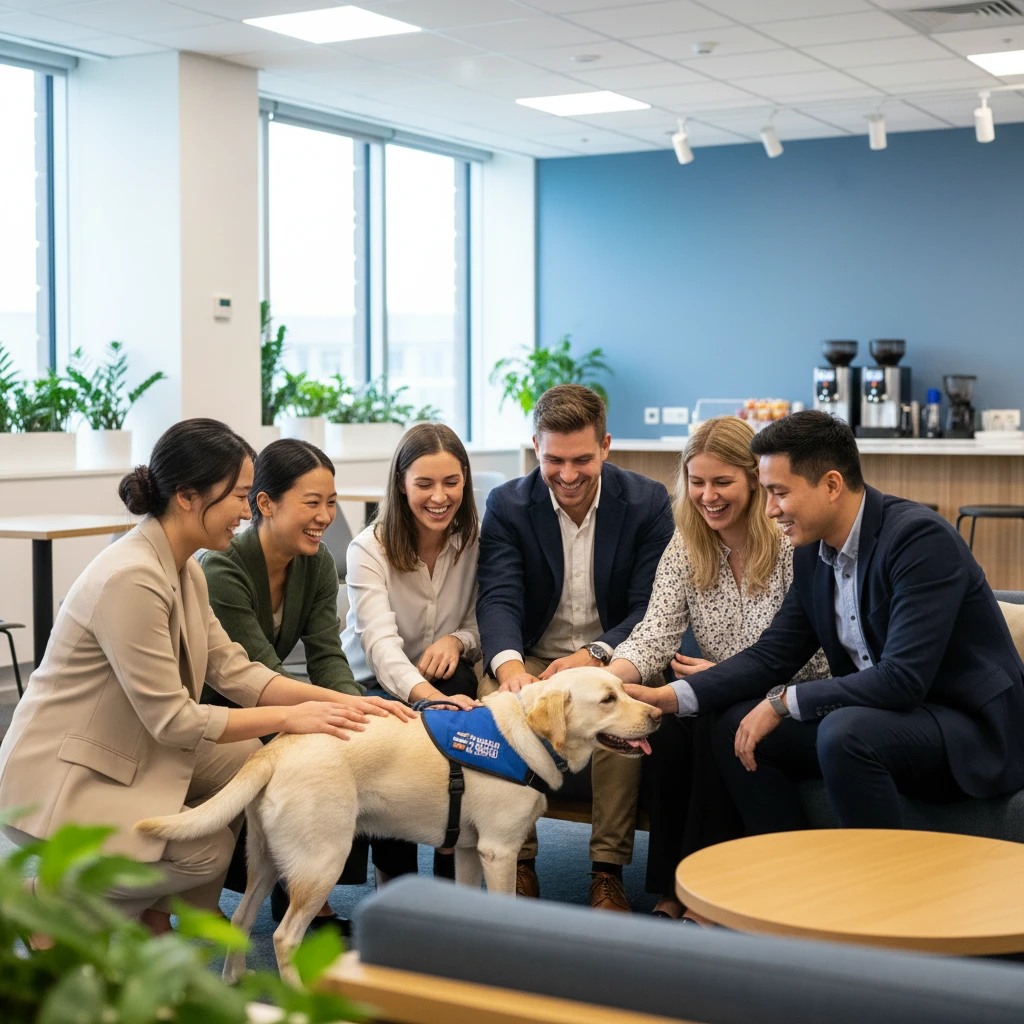 Office workers bonding over a therapy dog