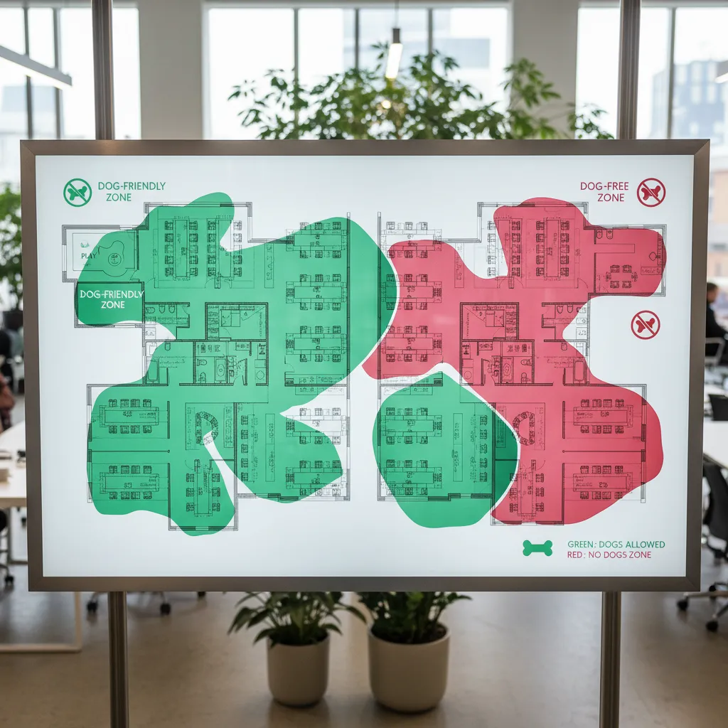Office floor plan designating dog-friendly zones