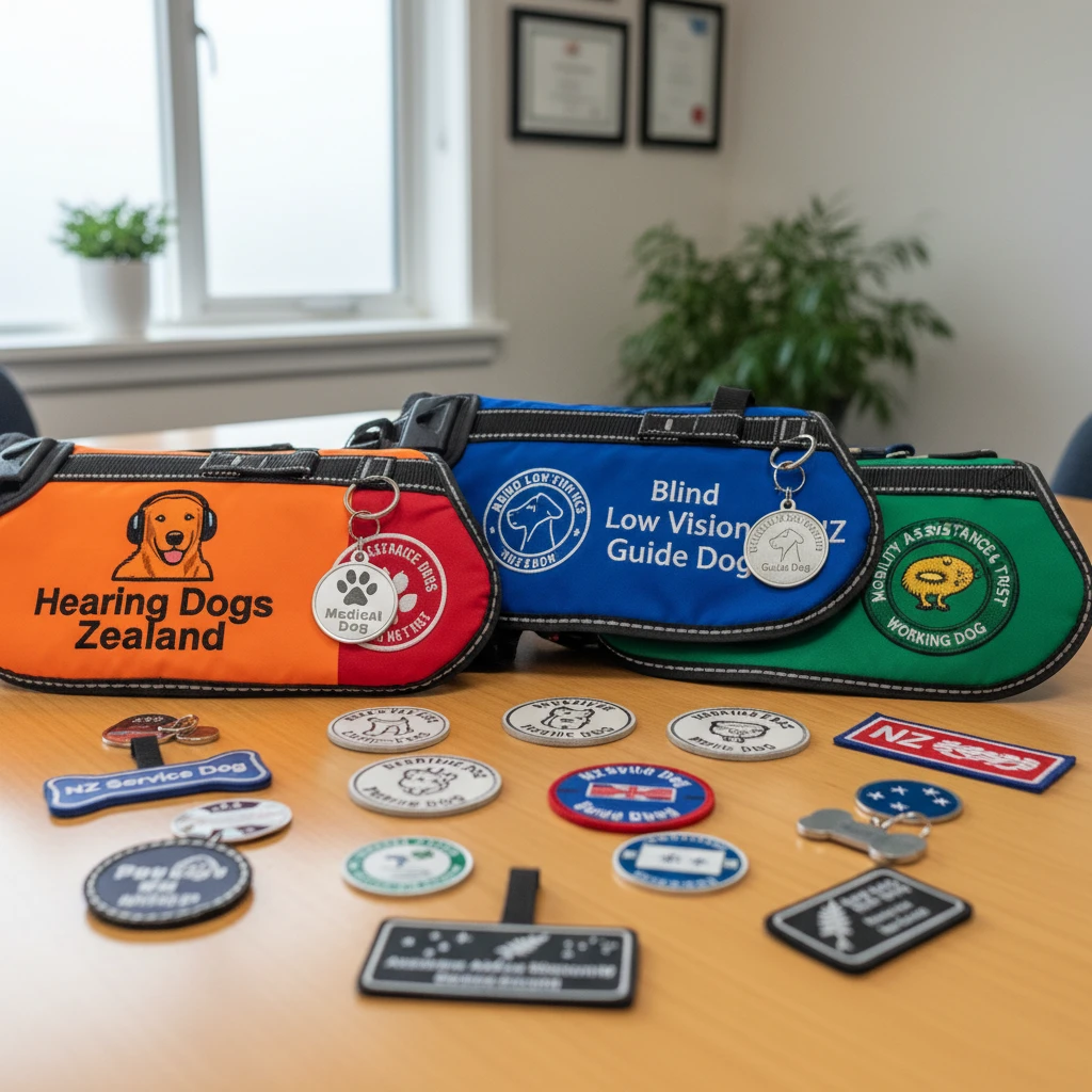 Assortment of official New Zealand disability assist dog vests and tags