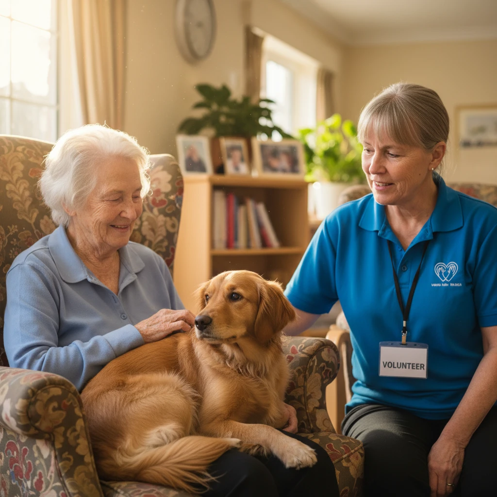 Elderly resident interacting with a therapy dog in a New Zealand rest home