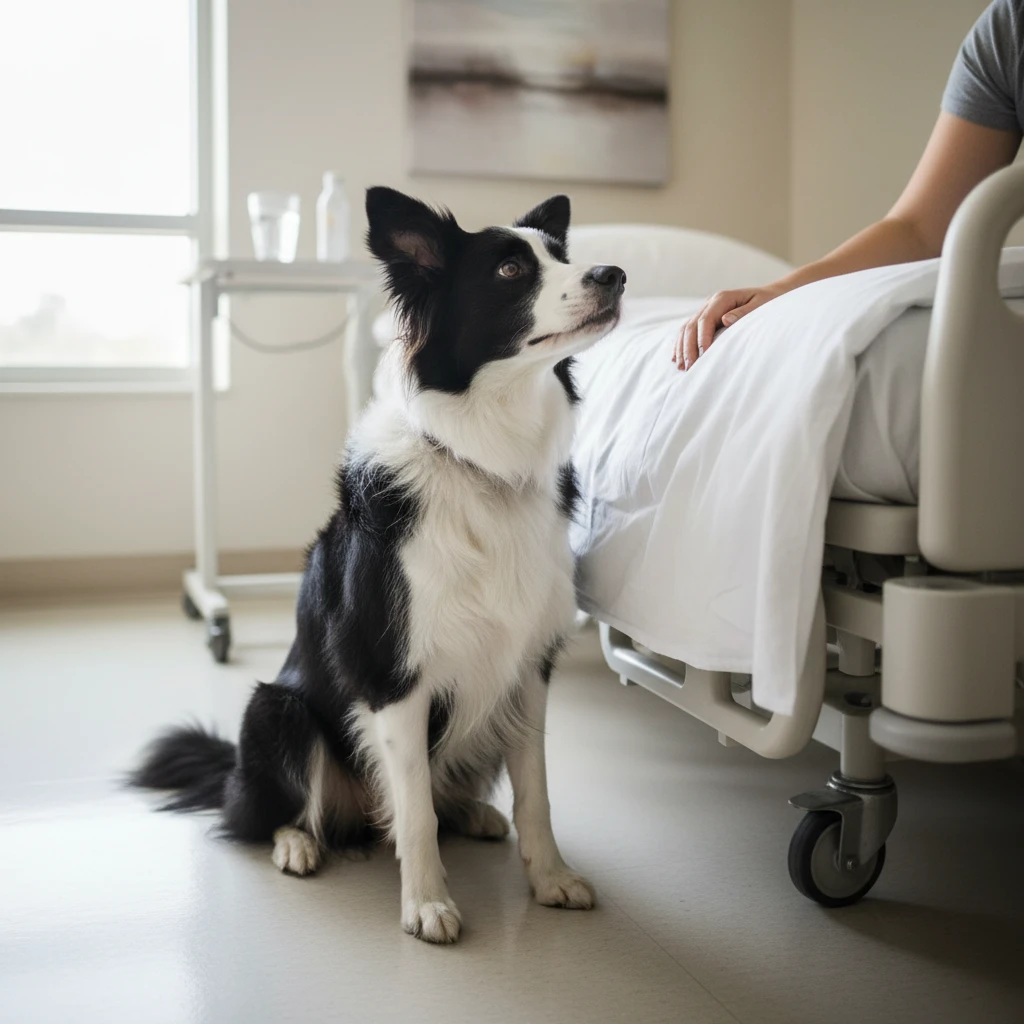 Border Collie therapy dog sitting calmly in a hospital setting