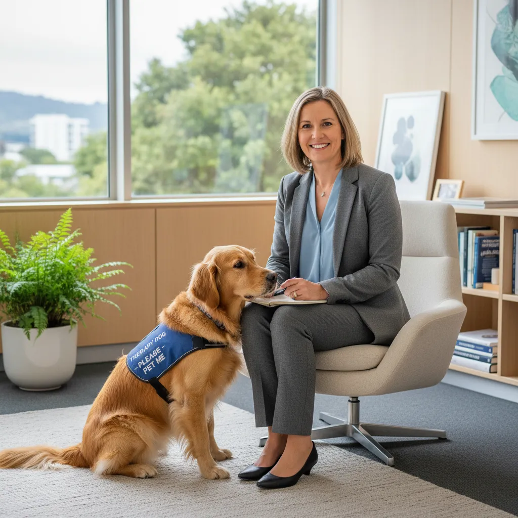 Professional therapy dog in a clinical setting in New Zealand