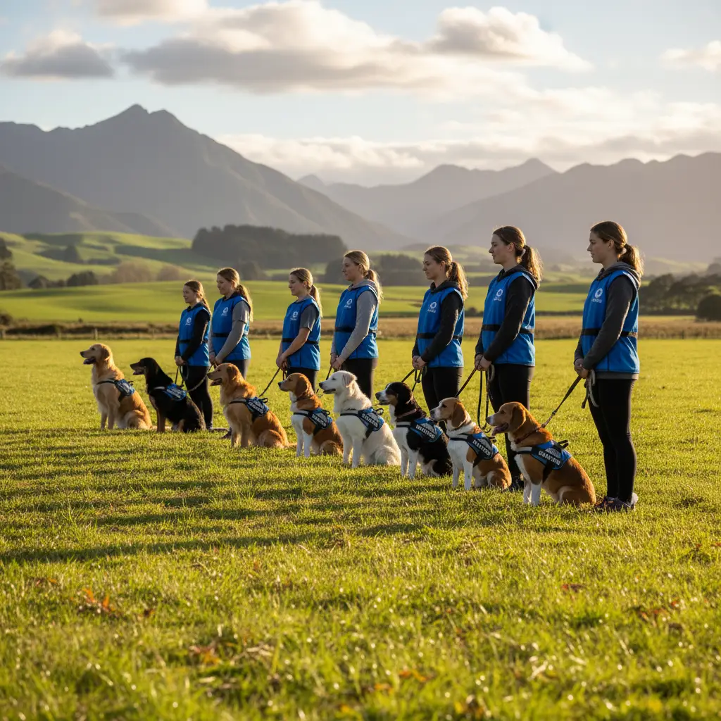Group of dogs and handlers at a Canine Good Citizen training class in New Zealand