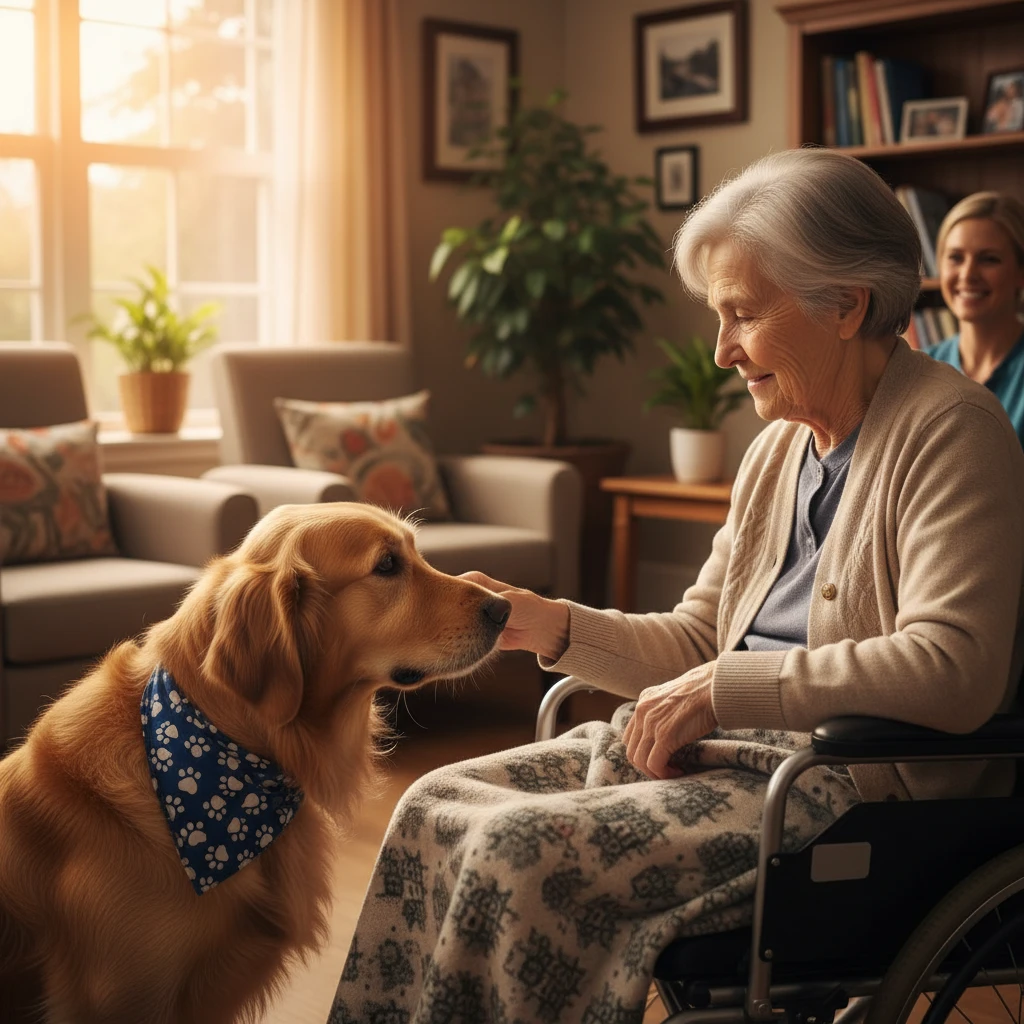 Therapy dog interacting gently with an elderly patient in a New Zealand care facility