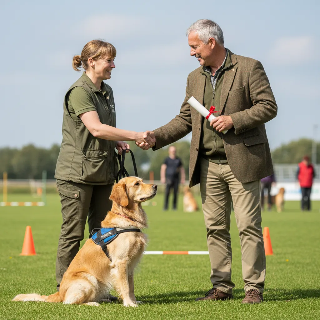 Handler receiving Canine Good Citizen certificate after passing the assessment