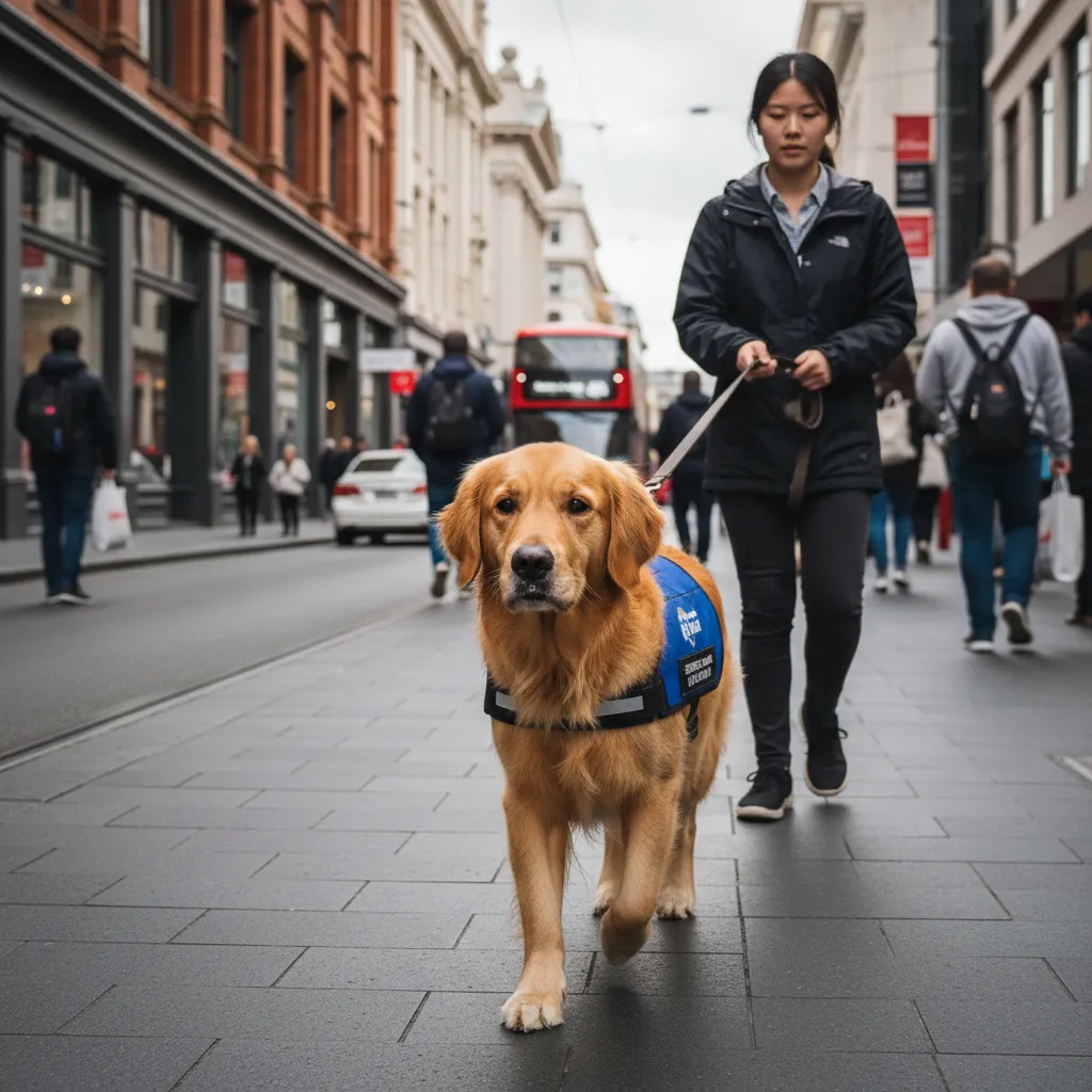 Psychiatric Service Dog heeling next to handler in New Zealand city