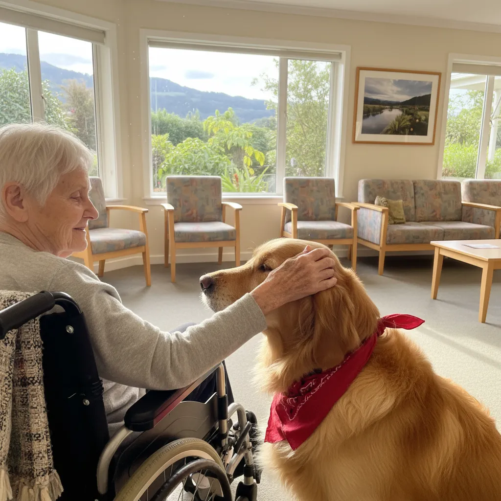 Golden Retriever therapy dog visiting an elderly resident in a NZ rest home
