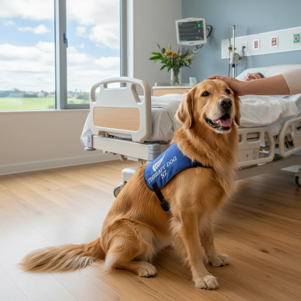 Golden Retriever therapy dog in a New Zealand hospital setting