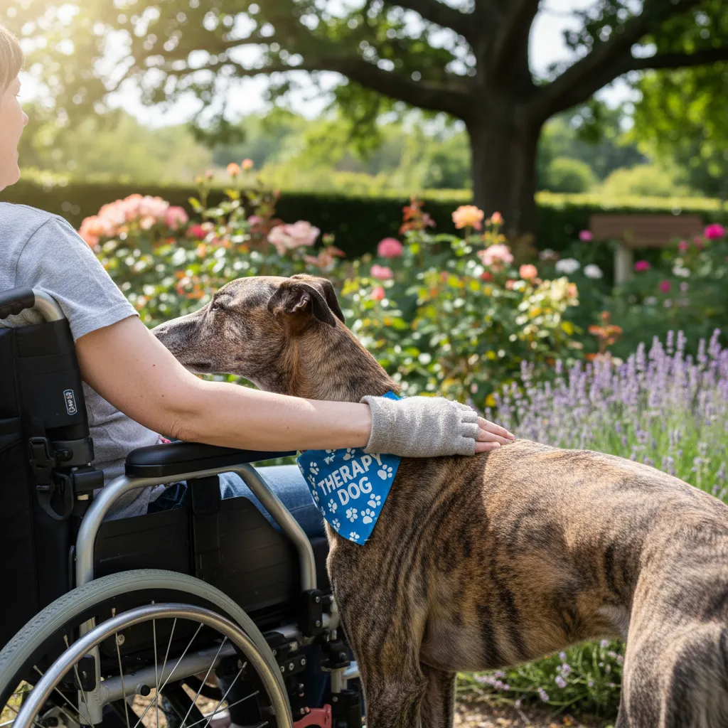 Retired Greyhound therapy dog visiting a patient in a New Zealand garden