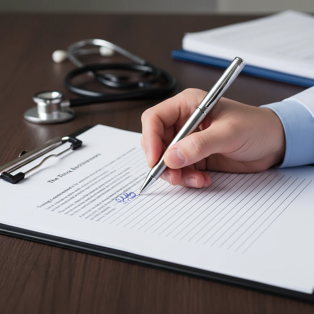 Doctor signing medical certificate for disability allowance