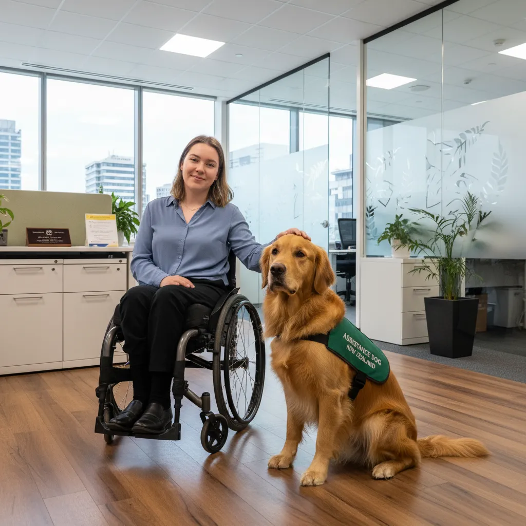 Certified assistance dog waiting in an MSD office