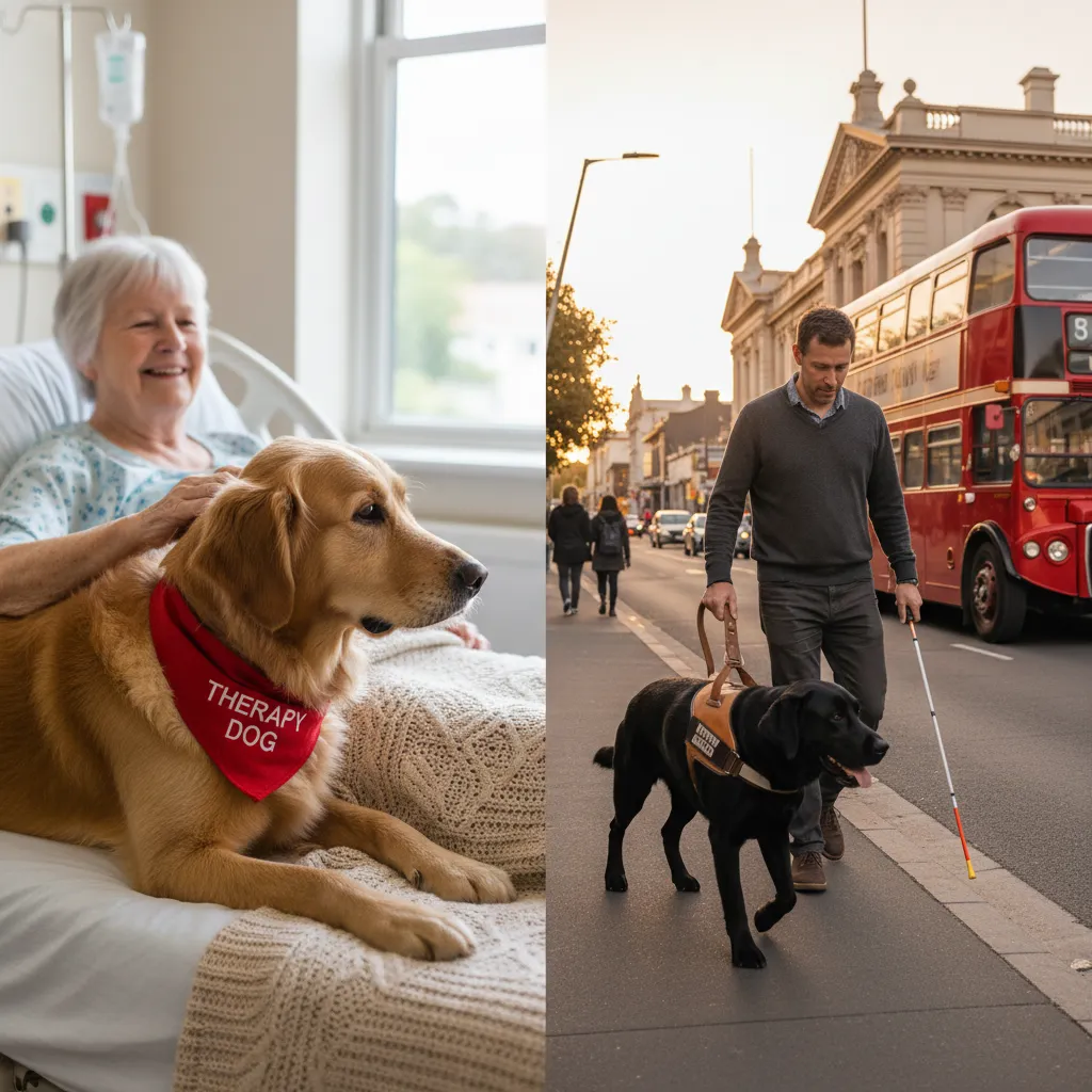 Visual comparison between therapy dog work and assistance dog work
