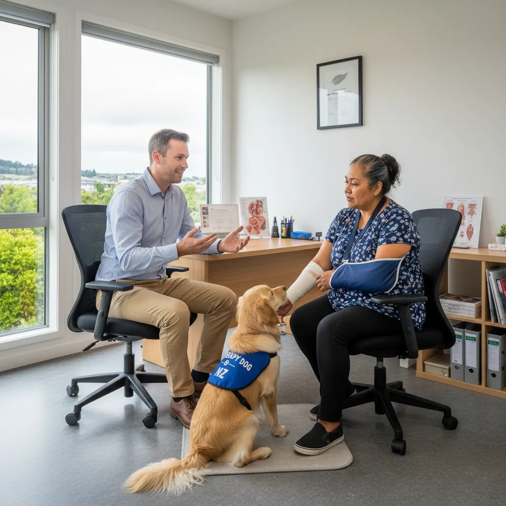 Occupational therapist consulting with a patient and a therapy dog in a clinical setting