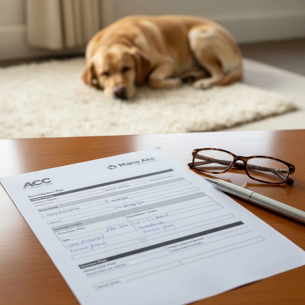 ACC rehabilitation paperwork and planning for therapy dog intervention