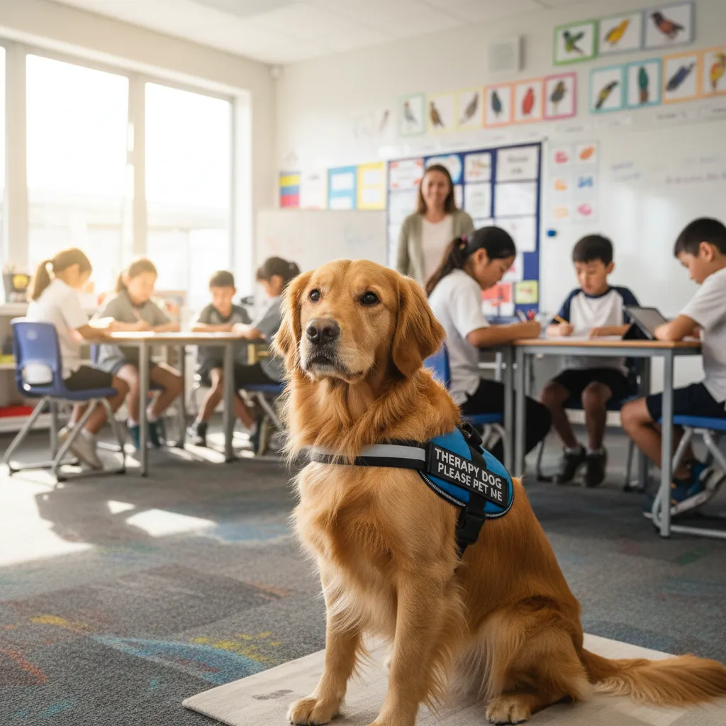 Therapy dog in a New Zealand classroom setting