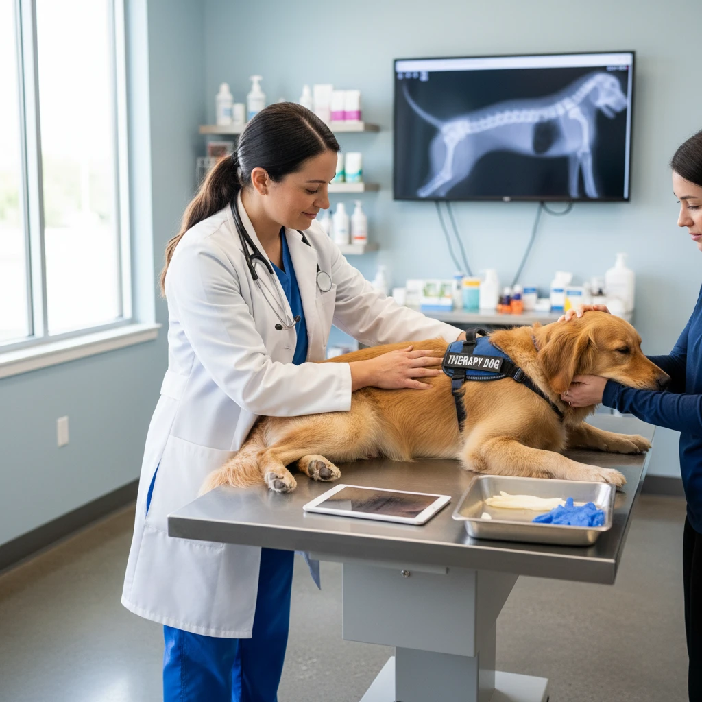 Veterinarian examining a working therapy dog
