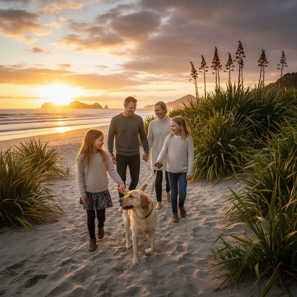 Family walking on NZ beach with therapy dog