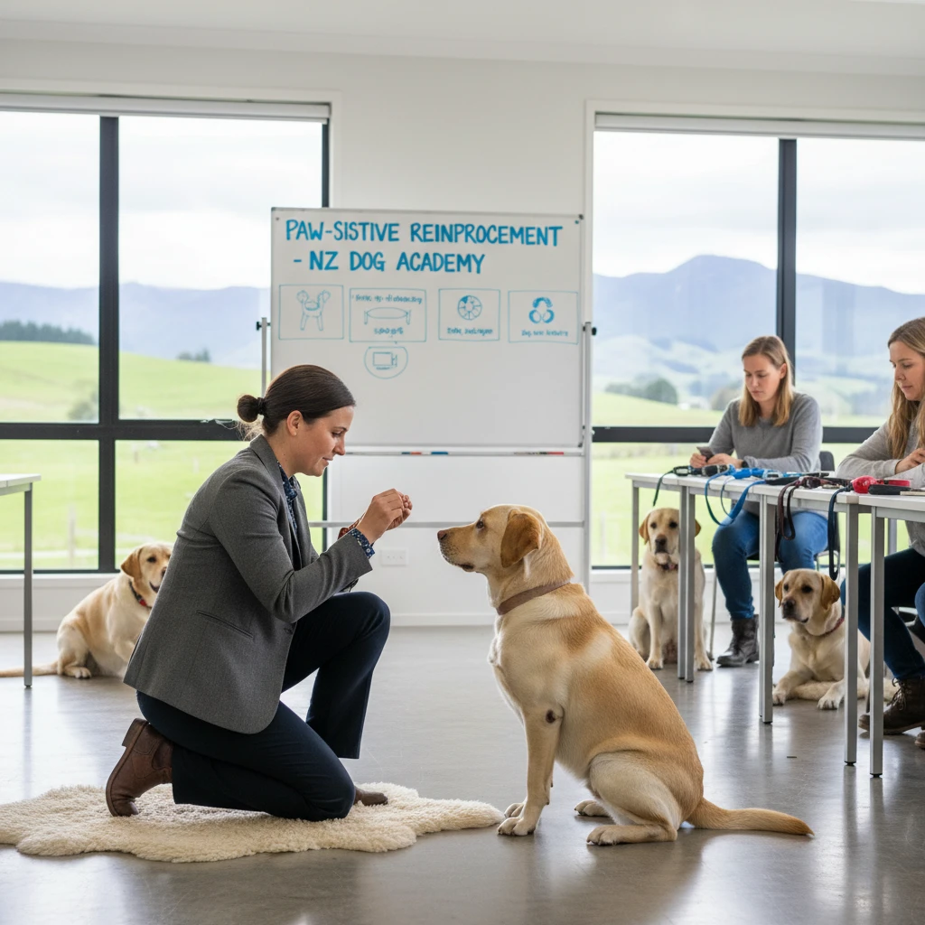 Professional therapy dog training session in a classroom