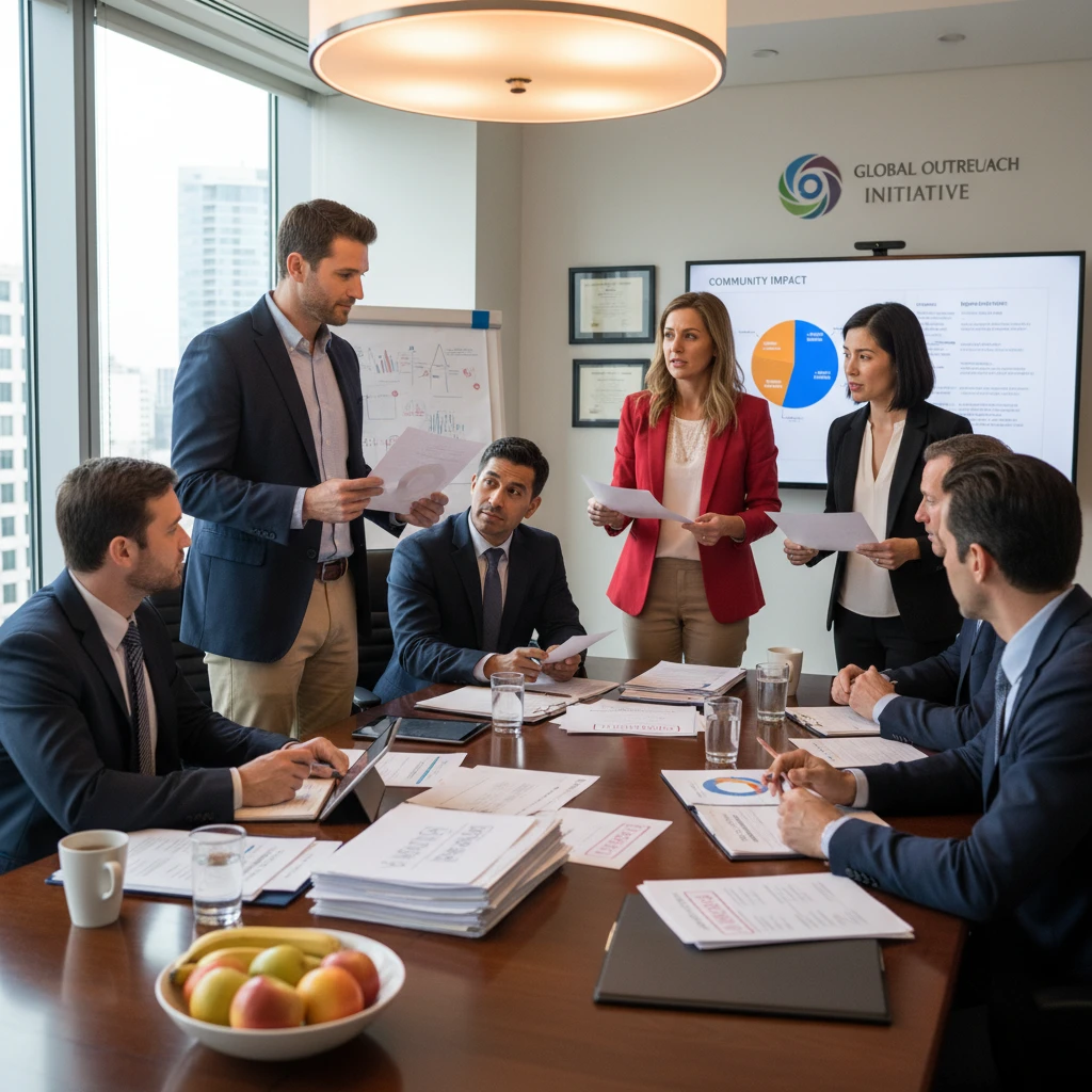 Non-profit board members reviewing grant eligibility documents