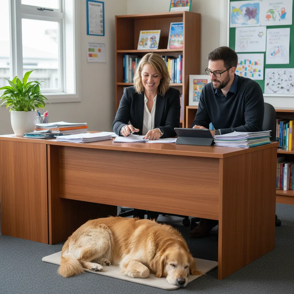 School administrators reviewing funding documents for a therapy dog programme