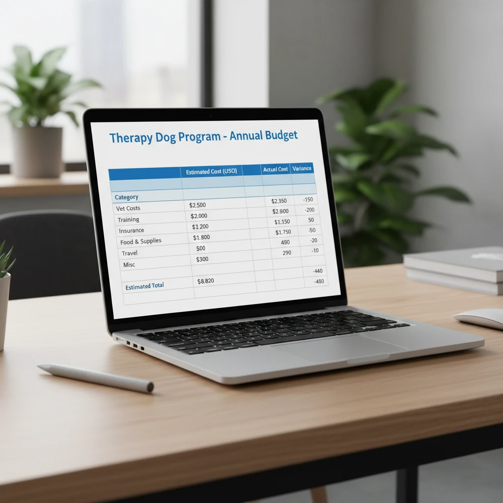 Spreadsheet showing budget breakdown for therapy dog costs