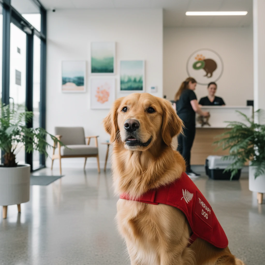 Therapy dog waiting for a veterinary checkup in NZ