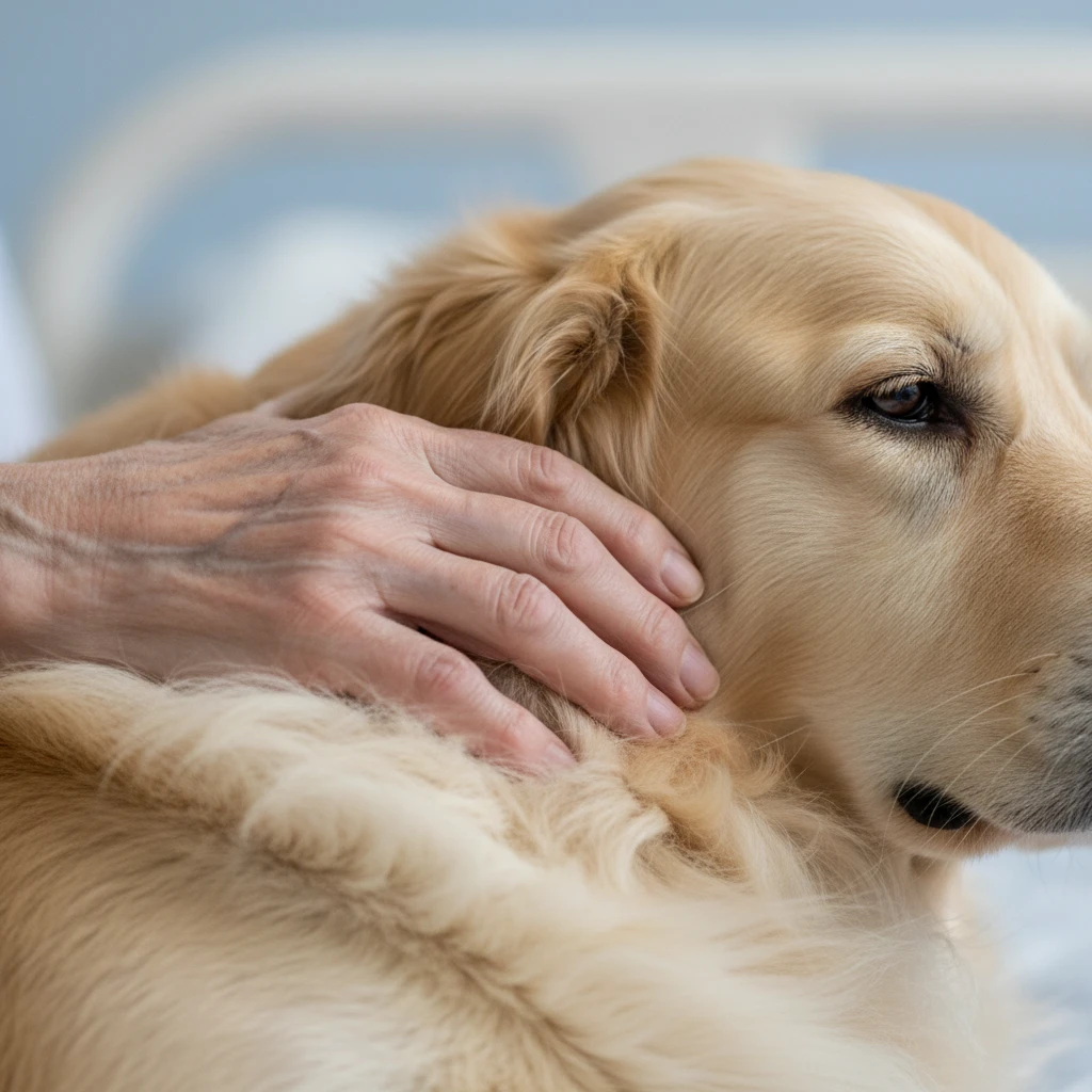 Close up of dementia patient petting therapy dog
