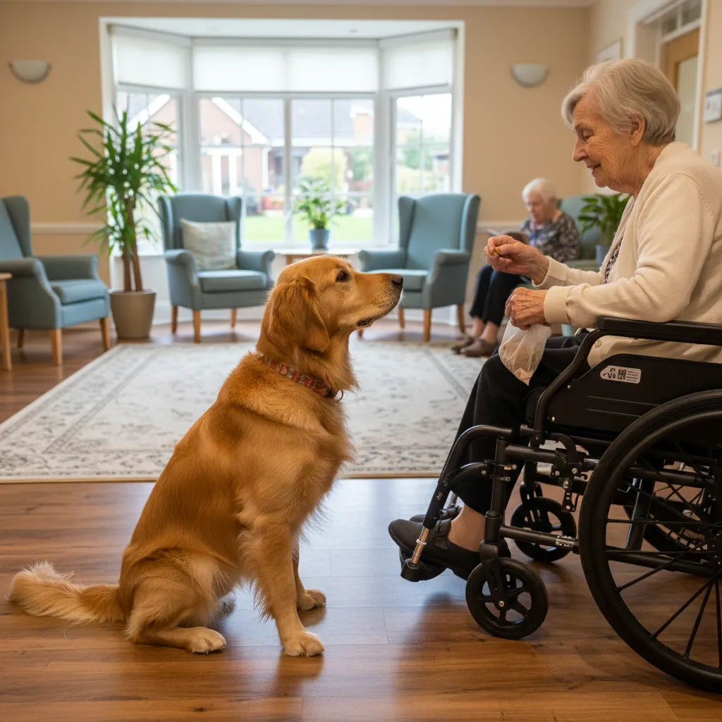 Golden Retriever therapy dog sitting calmly near wheelchair