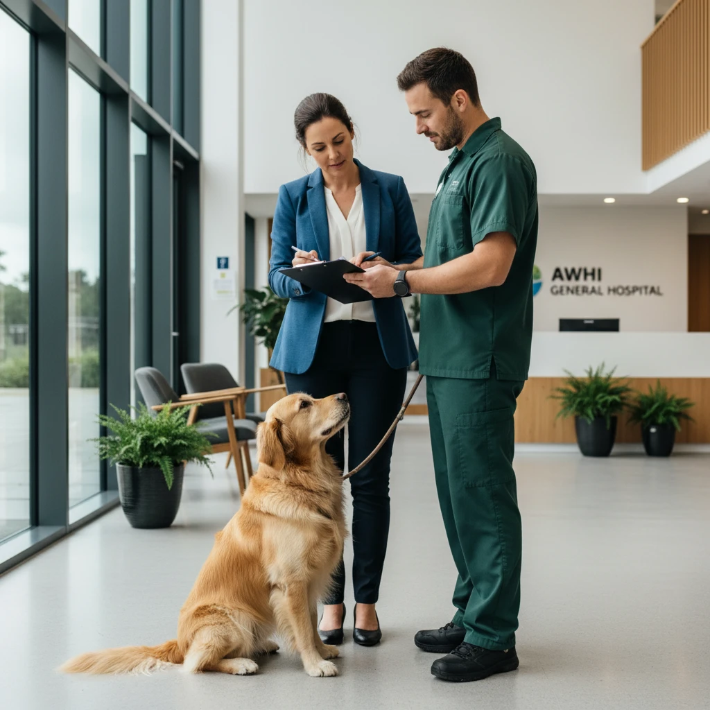 Hospital administrator reviewing hygiene policies for visiting animals with a handler