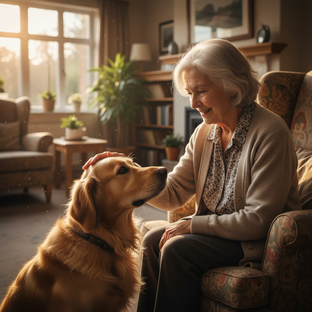 Elderly dementia patient interacting with a Golden Retriever therapy dog to reduce agitation