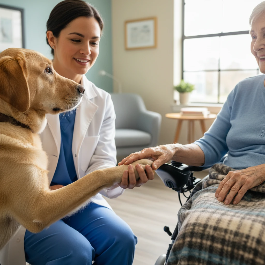 Therapy dog providing tactile sensory stimulation to a dementia patient in a wheelchair