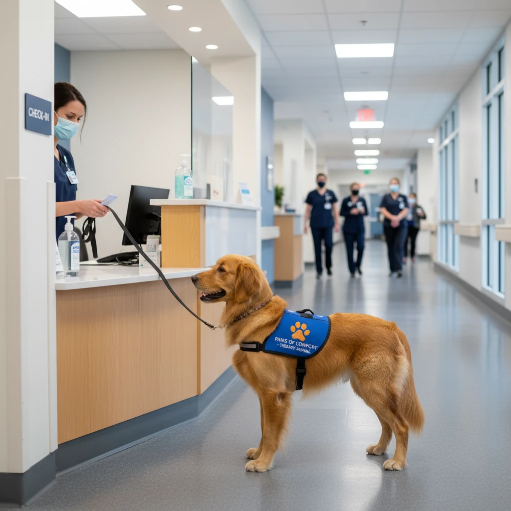 Professional therapy dog with vest in a sterile New Zealand hospital environment