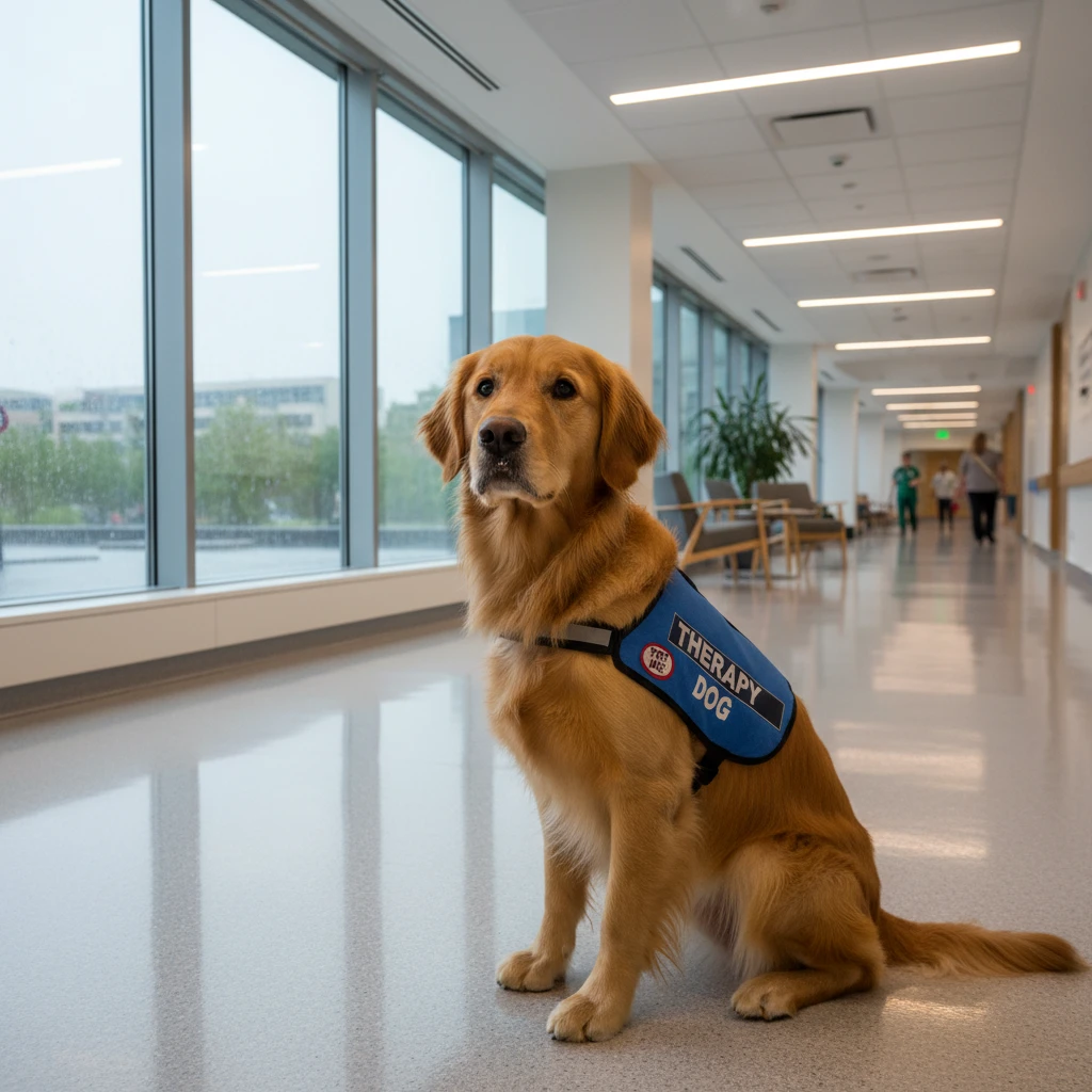 Therapy dog working indoors during NZ winter