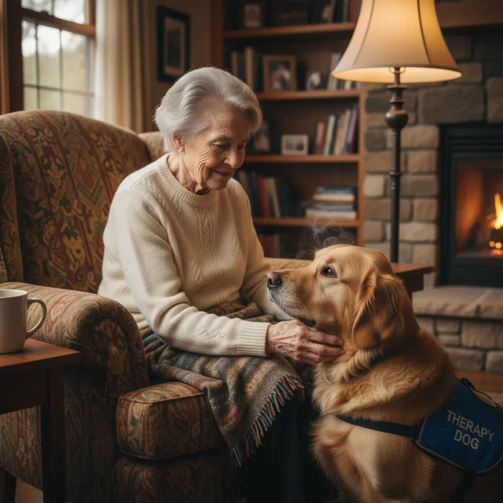 Therapy dog performing a chin rest on an elderly resident's knee