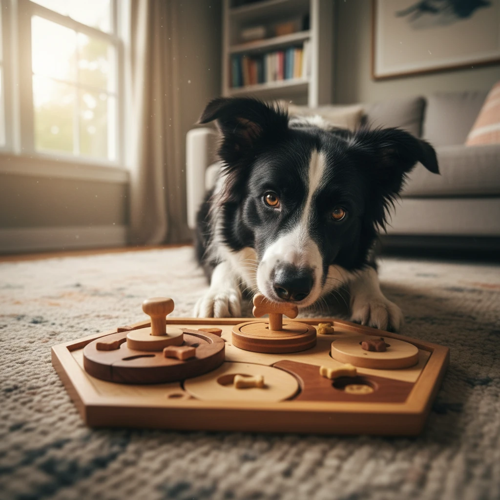 Dog engaging with mental stimulation puzzle toy