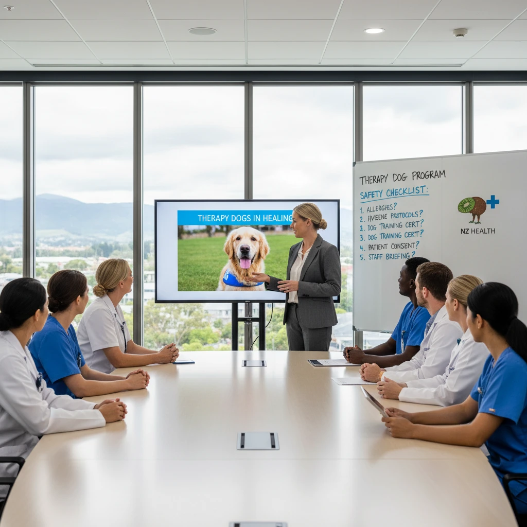 Healthcare staff attending a training session on therapy dog protocols
