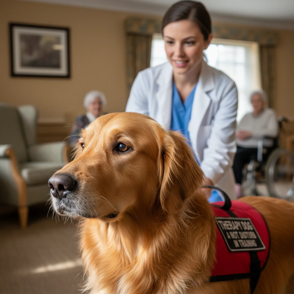 Therapy dog displaying subtle stress signals in a clinical setting