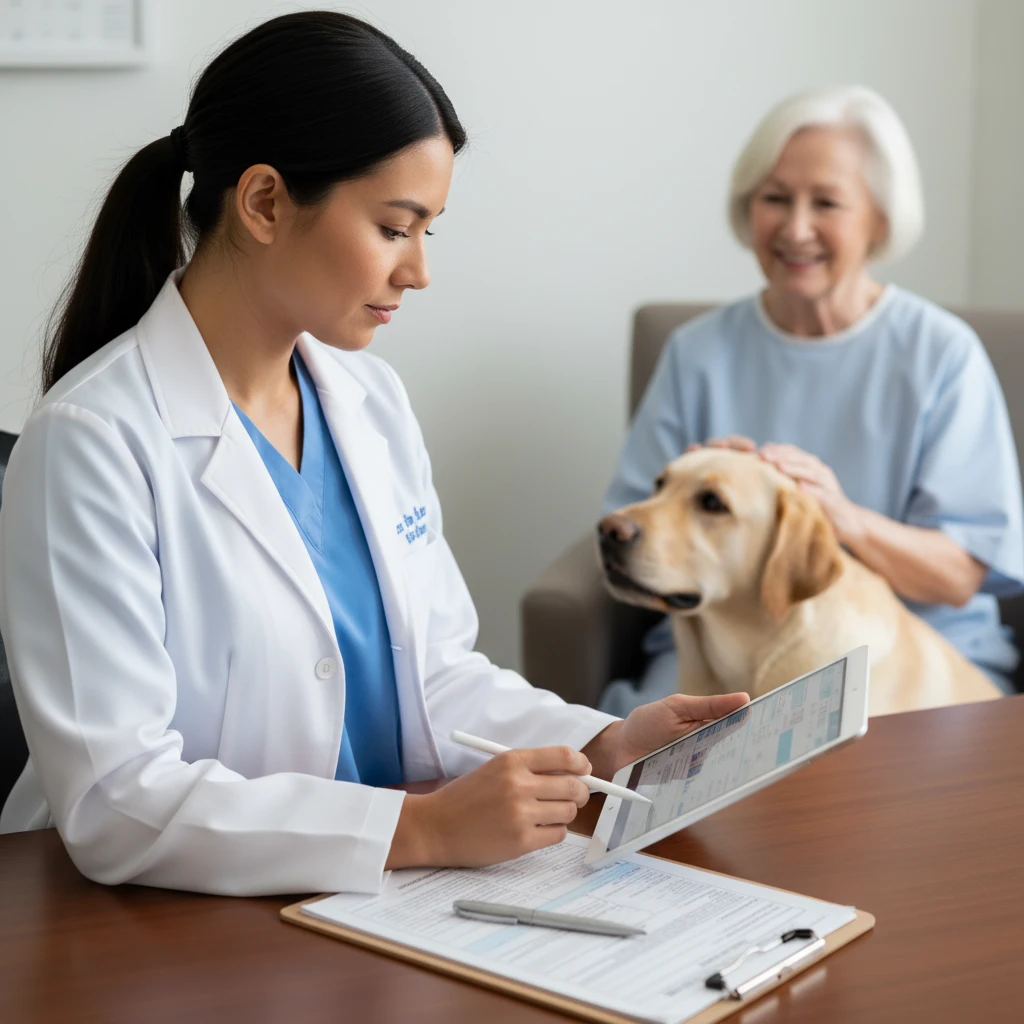 Nurse documenting therapy dog interaction in patient care plan