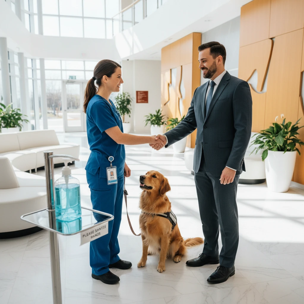 Therapy dog handler following entry protocols in a healthcare facility