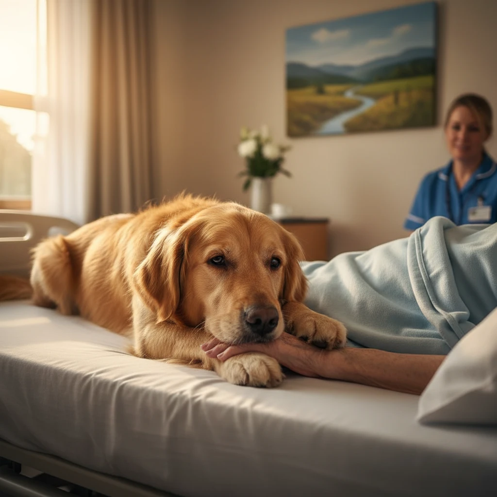 Therapy dog comforting a palliative care patient in NZ