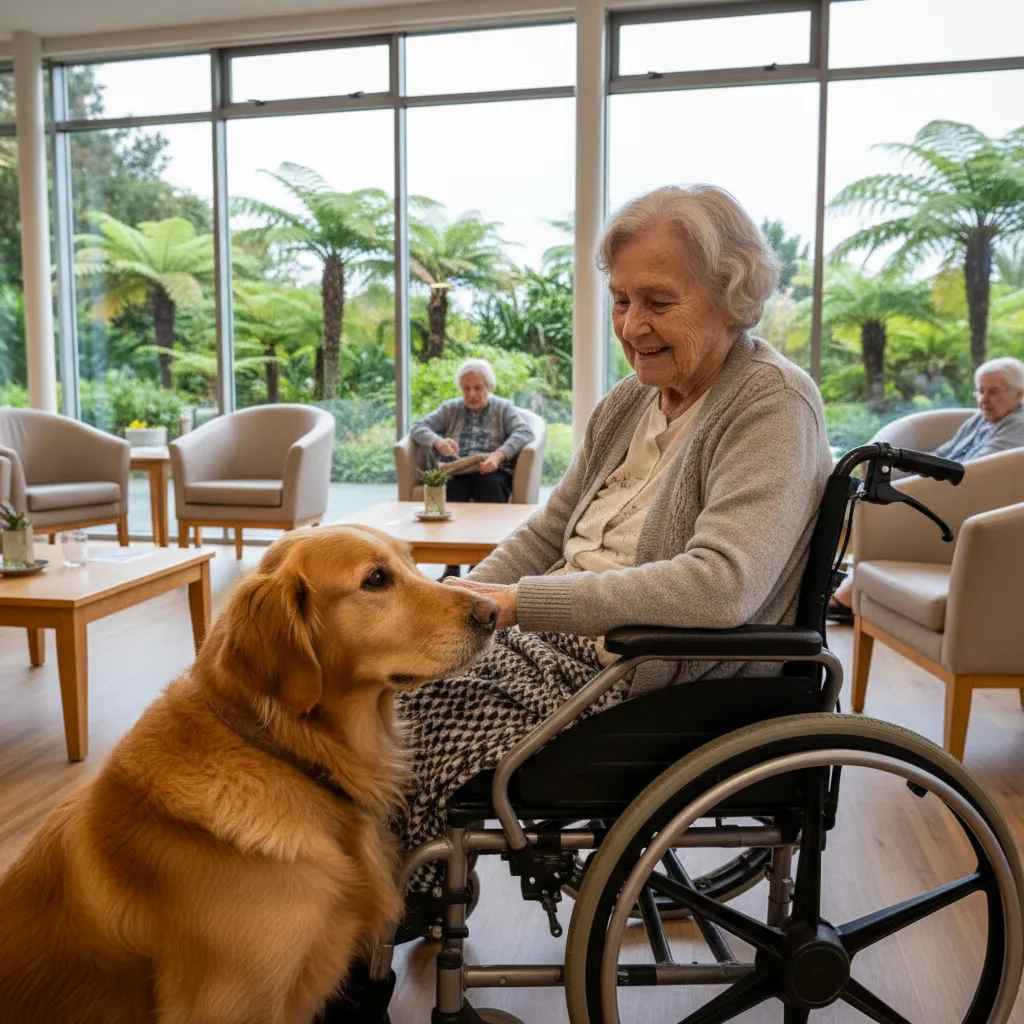 Therapy dog interacting with elderly resident in NZ aged care facility
