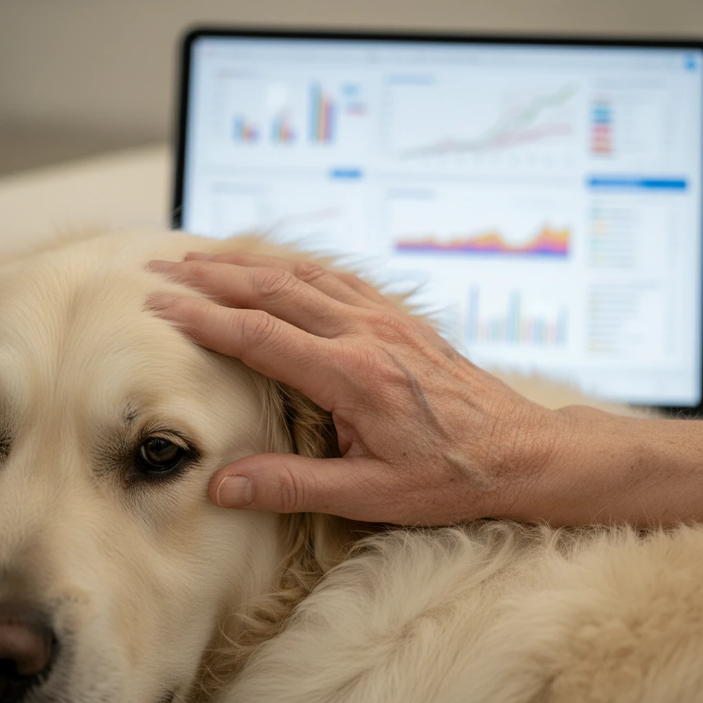 Close up of elderly hand on dog fur representing connection and research