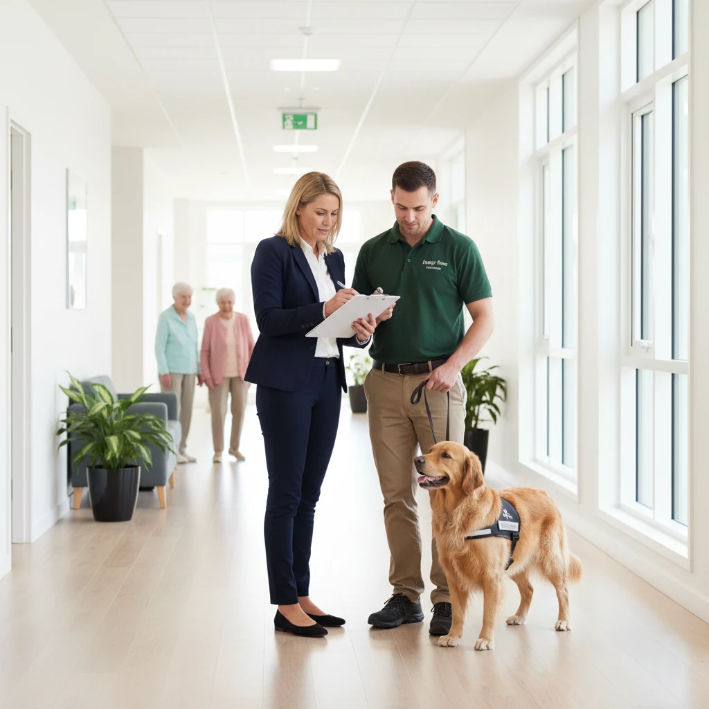 Facility manager discussing logistics with therapy dog handler