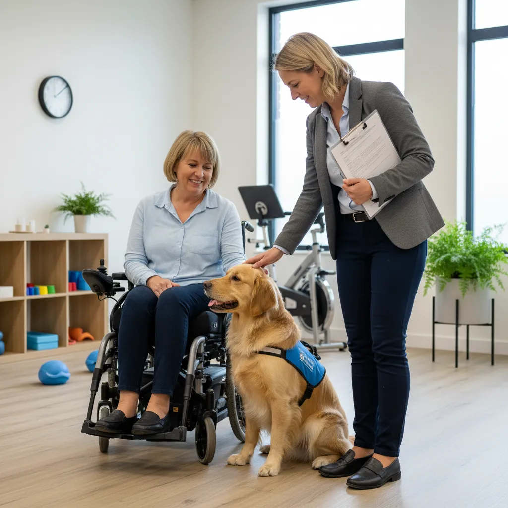 Occupational therapist conducting an assessment with a therapy dog in a clinic