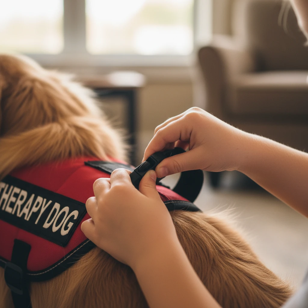 Client practicing fine motor skills by buckling a therapy dog vest